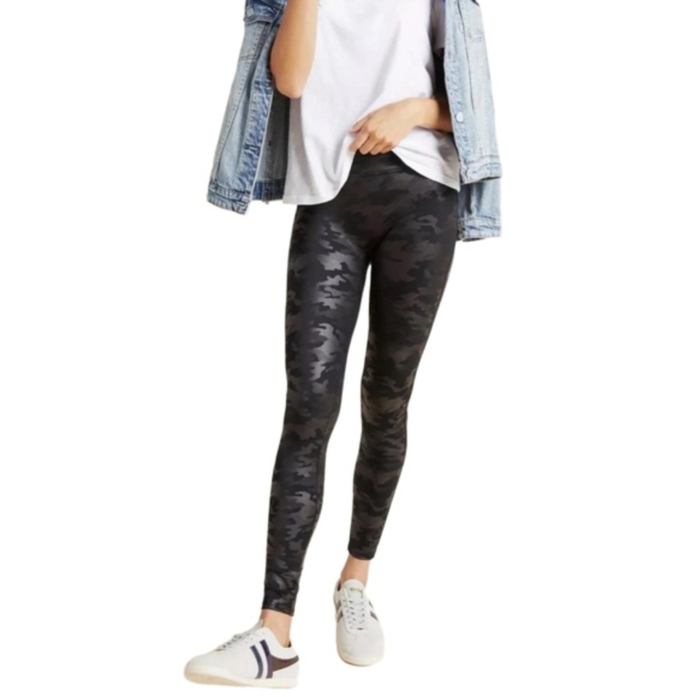 Spanx Faux Leather Camo Leggings Black High Waist Shaping Sleek Athleisure Chic